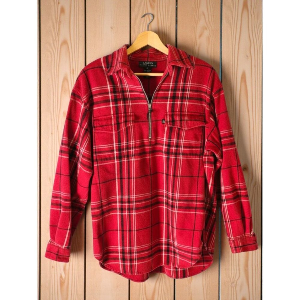 Ralph Lauren Red Plaid Flannel Half-Zip Shirt – Women’s Medium – Cozy